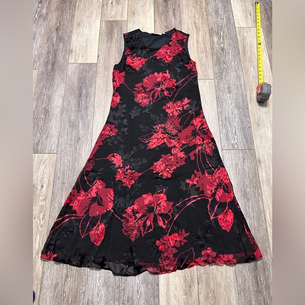 🛍️ Norm Thompson beautiful sheer black with red floral print dress.
